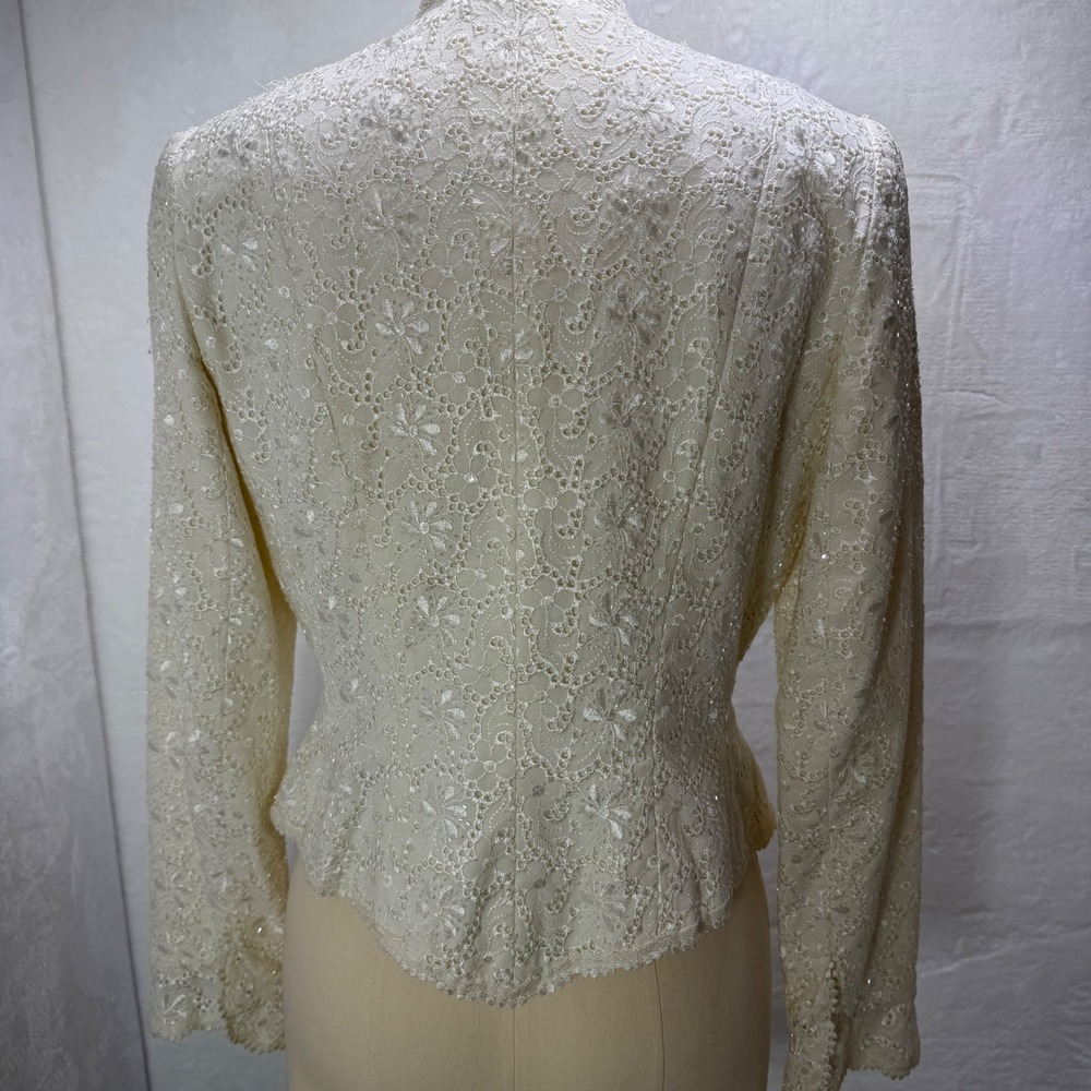 Carmen Marc Valvo Cream Eyelet Lace Beaded Sequin Evening Jacket Bolero 6 Formal - Picture 7 of 16